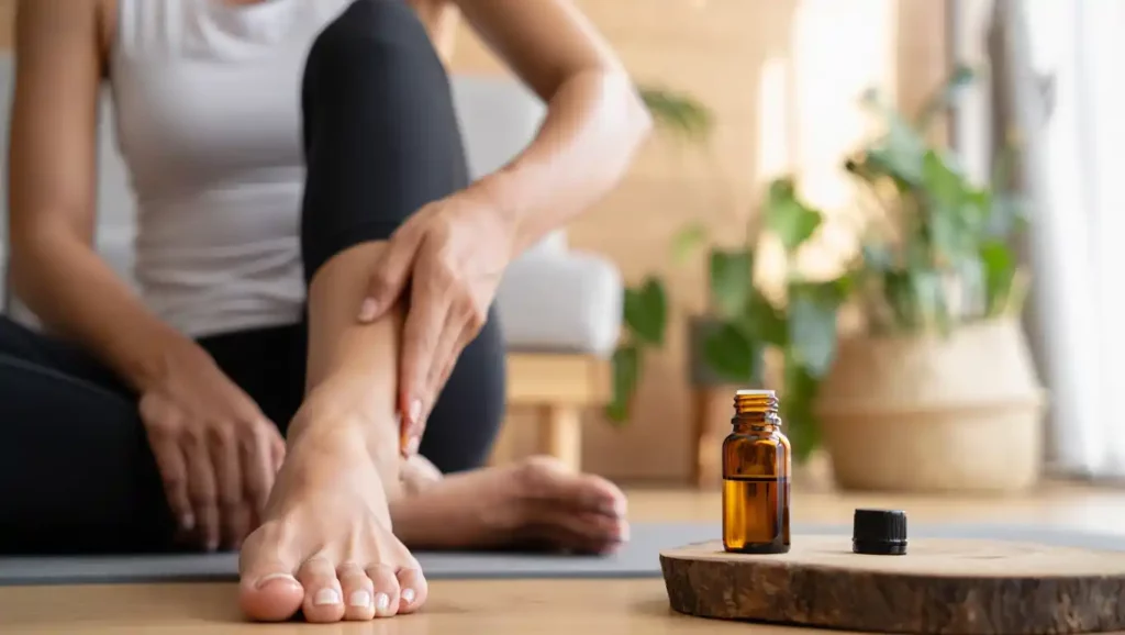Femme se massant la cheville avec une huile essentielle après une séance de sport, flacon ambré au premier plan.
