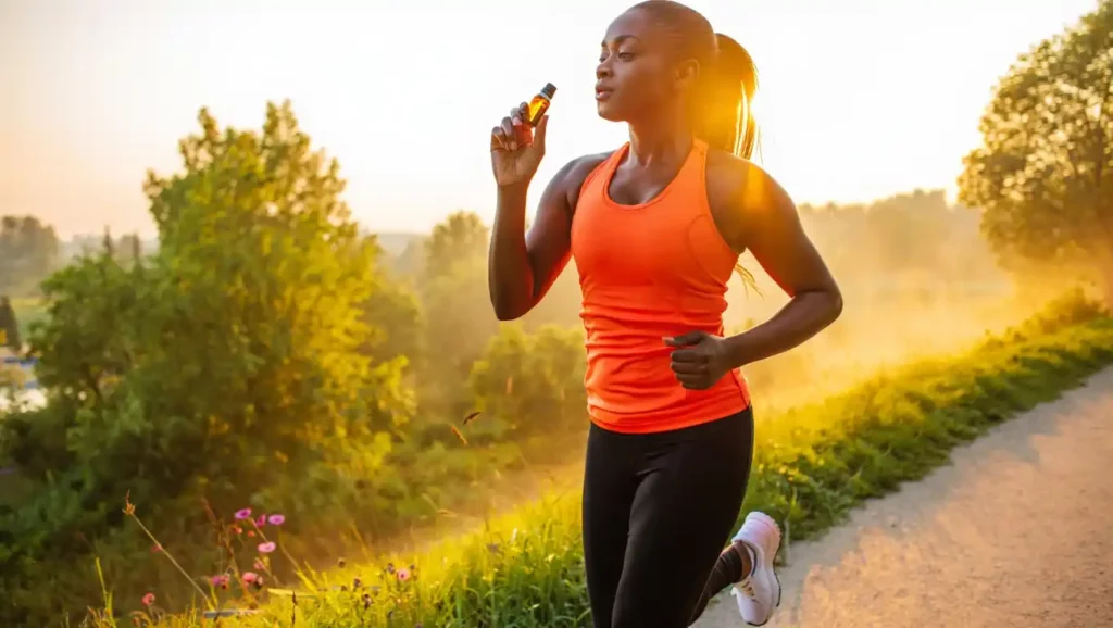 Femme en train de courir tenant un flacon d’huile essentielle au lever du soleil.